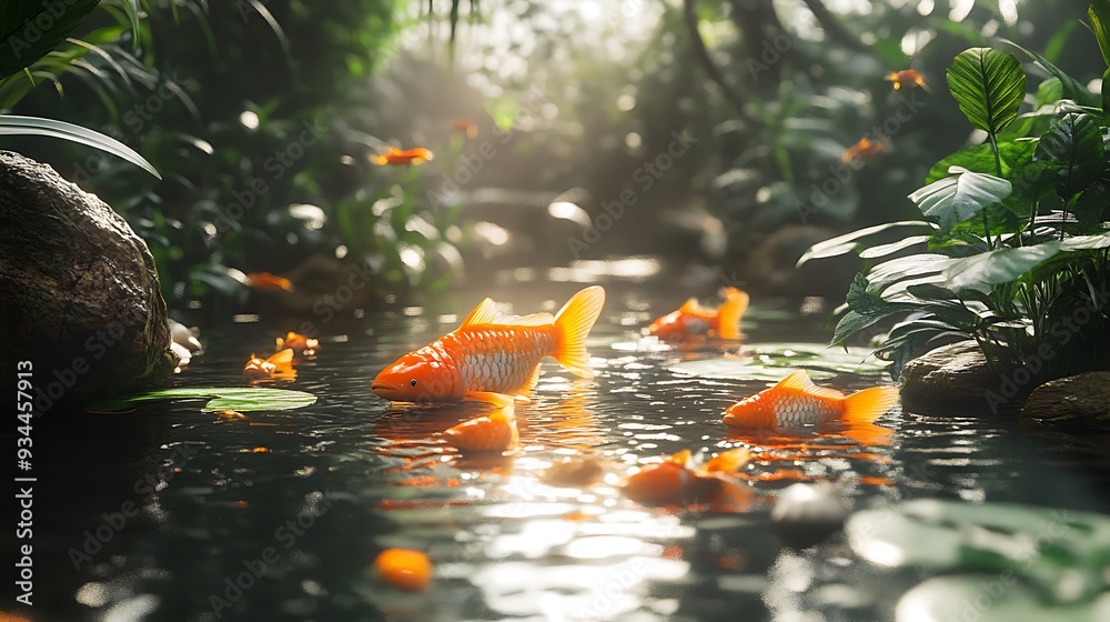Goldfish in a Tropical Pond with Sunbeams