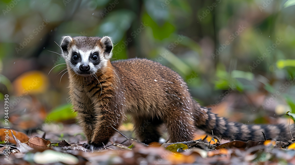 Fototapeta premium Amazon South American Coati foraging on the forest floor, its ringed tail and body visible
