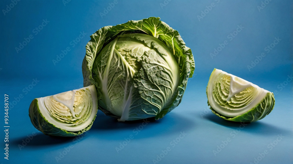 Obraz premium The rich green of a cabbage contrasts beautifully with a calm blue background, emphasizing its role as a standout summer vegetable