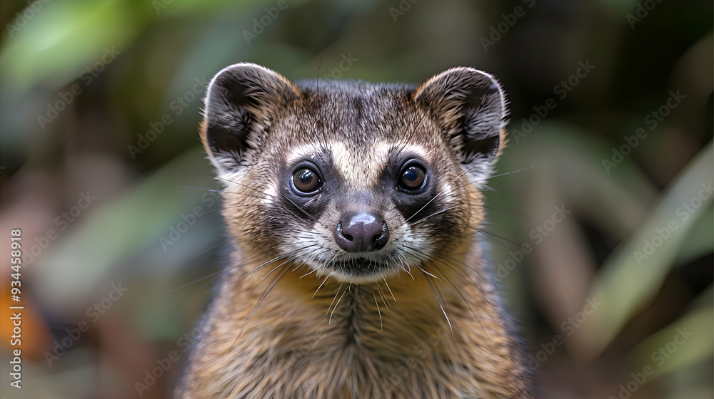 Fototapeta premium Amazon South American Coati face, its fur and whiskers detailed with a blurred background