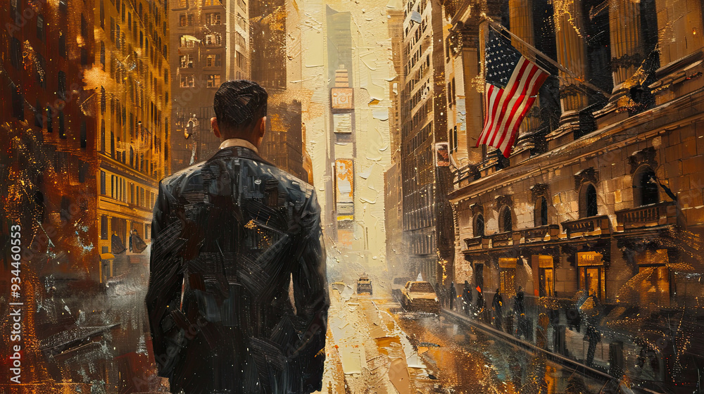 Painting of man looking at the American buildings Painting of man looking at the American buildings