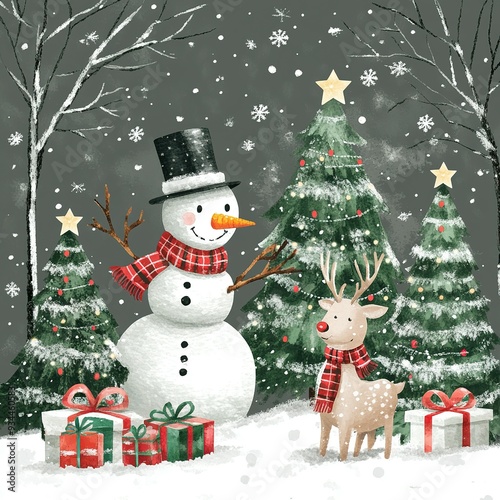 Snowman, Reindeer, and Christmas Trees in Snowy Forest