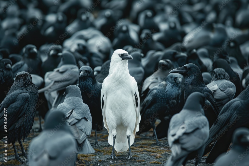 Fototapeta premium Uncommon sight - a white crow in a flock of black crows, illustrating the concept of uniqueness and originality, celebrating individuality and the power of being different in a uniform society