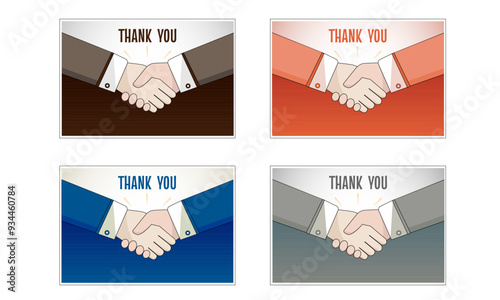 Vector thank you cards with a handshake, made in different color combinations. Good for business