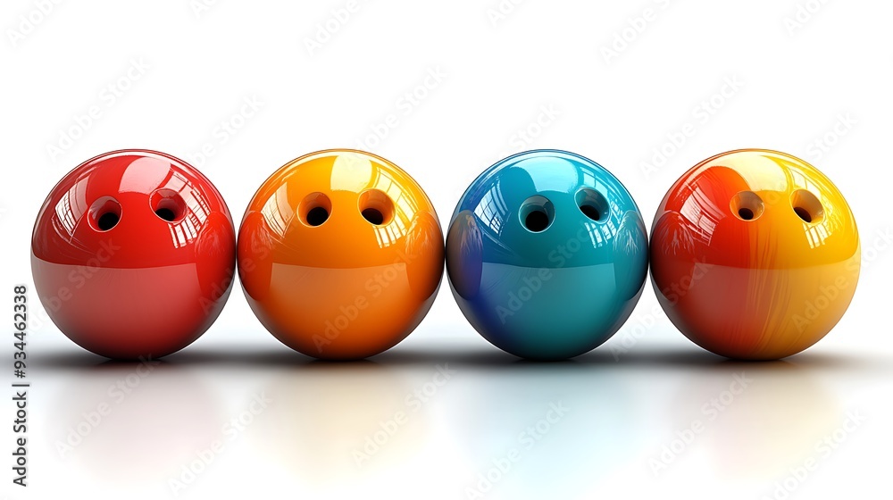 Four colorful bowling balls in a row on white background.
