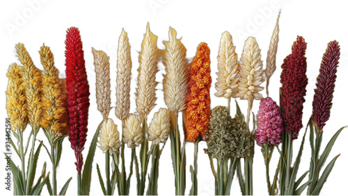 A vibrant collection of dried flowers arranged in a row