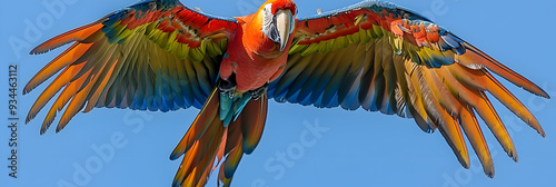 Amazon Spix's Macaw in flight, wings spread wide showcasing its vibrant plumage photo