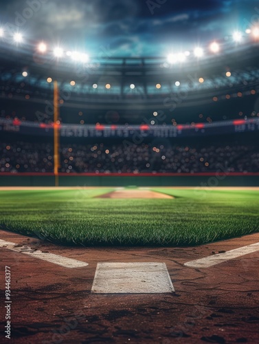 Baseball field infield, pitcher's mound, under the stadium lights.