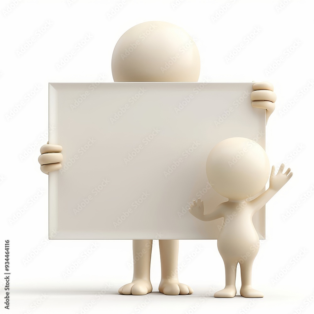 3D adult and child holding blank sign together, adult using both hands, child waving with one hand. White background, unwritten sign, symbolizing family unity and togetherness. Copy space 3D adult and child holding blank sign together, adult using both hands, child waving with one hand. White background, unwritten sign, symbolizing family unity and togetherness. Copy space