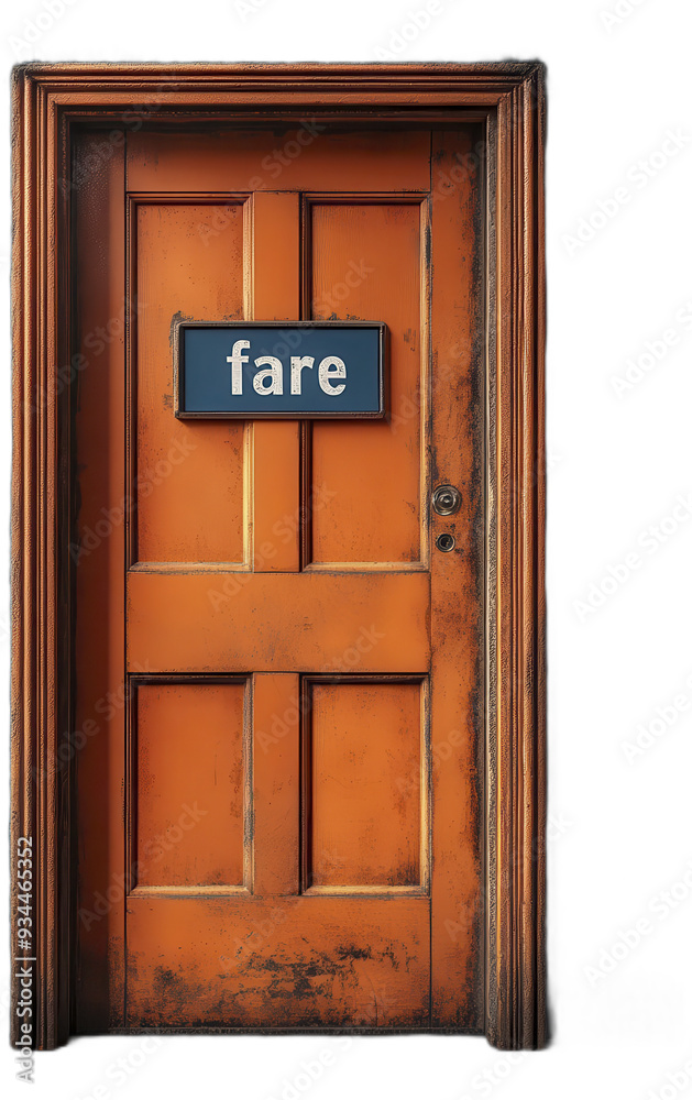 A weathered wooden door with a sign reading fare