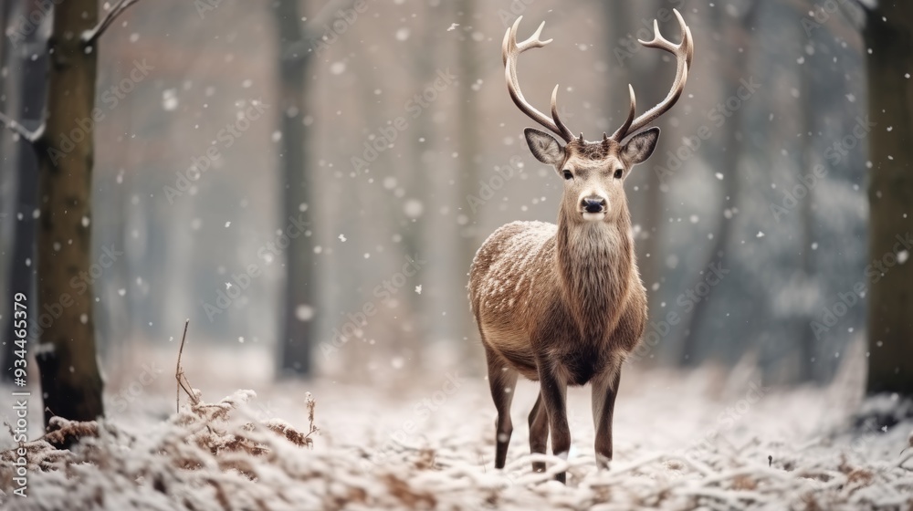 Festive holiday scene reindeer in snowy forest with gift boxes under christmas tree Festive holiday scene reindeer in snowy forest with gift boxes under christmas tree