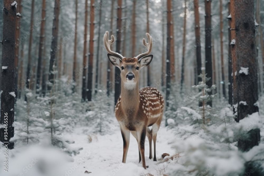 Festive holiday scene  gift boxes under christmas tree with reindeer in winter forest
