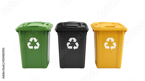 Collection of three recycling bins in different colors (black, green and yellow) isolated on a white background