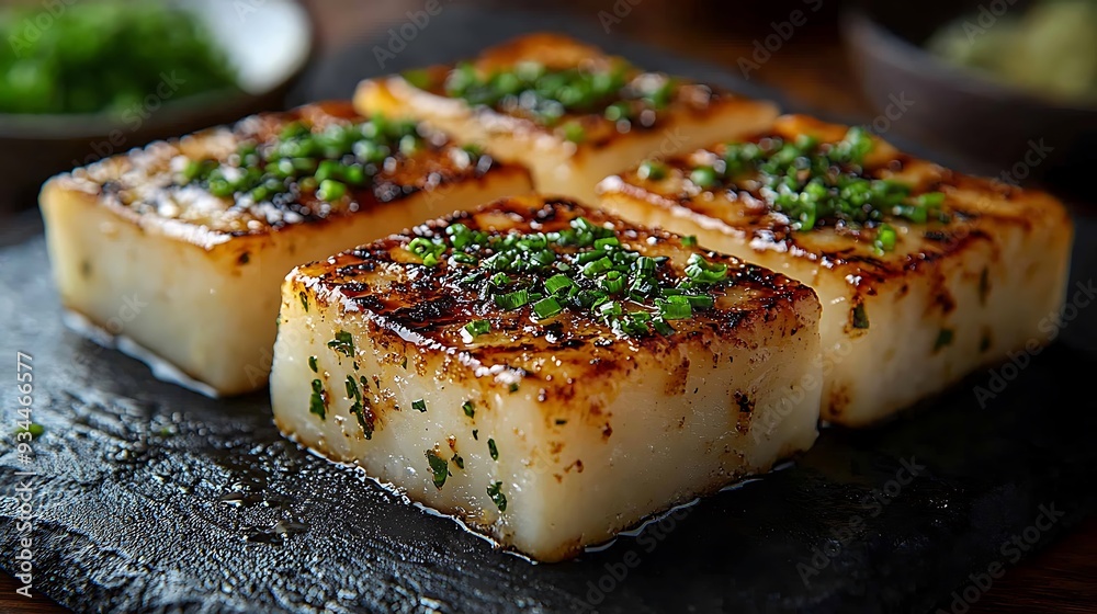 Four squares of grilled mochi topped with chopped chives, served on a slate platter.