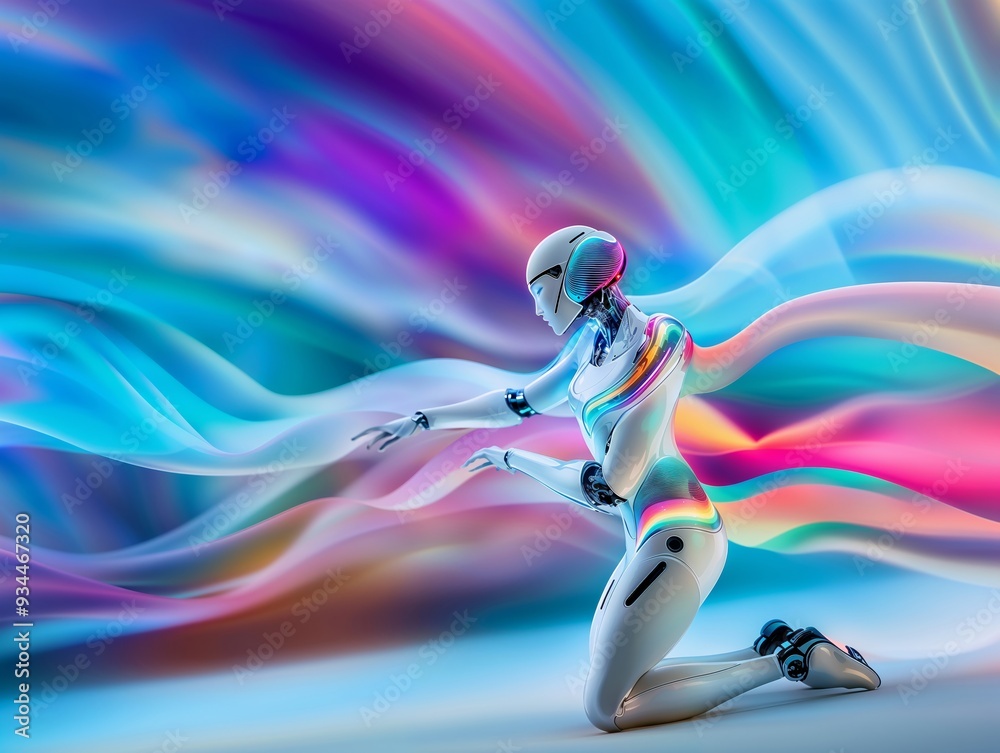 Obraz premium Futuristic Humanoid Robot with Colorful Digital Waves in Abstract Setting