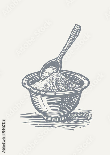 Spoon in a Bowl of Sugar. Vintage woodcut engraving style vector illustration.
