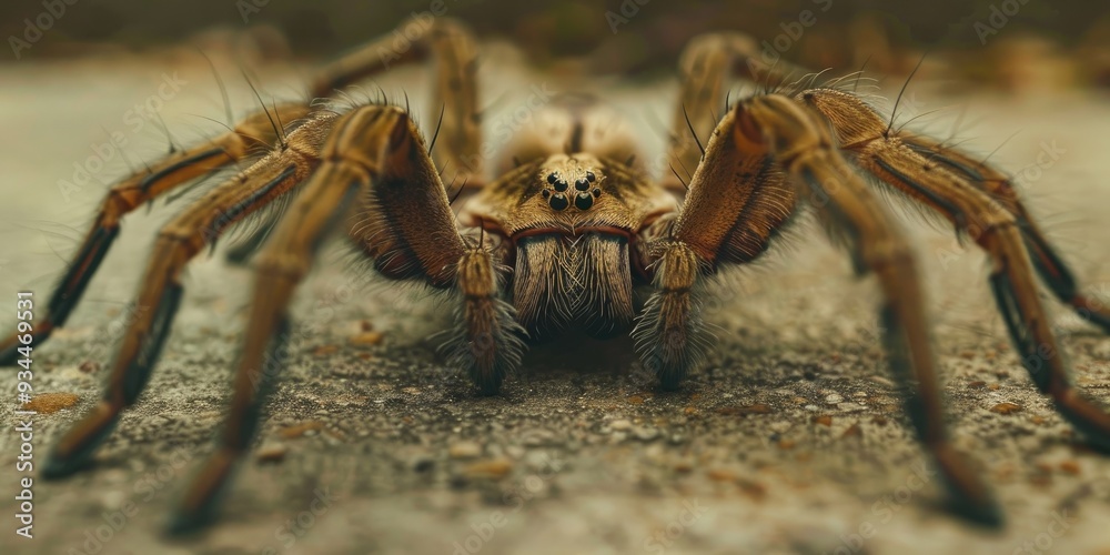 Close up of a brown and hairy wolf spider with eight long thin legs on a concrete surface The spider features two large eyes on the center of its head Close up of a brown and hairy wolf spider with eight long thin legs on a concrete surface The spider features two large eyes on the center of its head