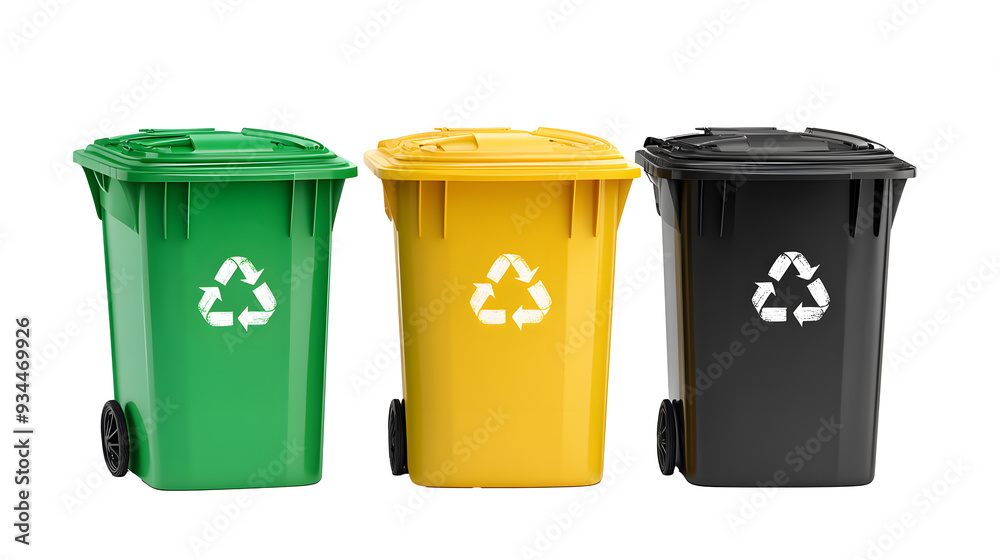 Collection of three recycling bins in different colors (black, green and yellow) isolated on a white background Collection of three recycling bins in different colors (black, green and yellow) isolated on a white background