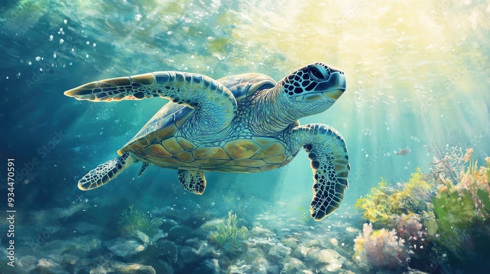 Watercolor digital illustration of a sea turtle swimming in its aquatic environment Depicts marine life with coral reefs stones on the seafloor and sea vegetation Artistic rendering of an ocean tu Watercolor digital illustration of a sea turtle swimming in its aquatic environment Depicts marine life with coral reefs stones on the seafloor and sea vegetation Artistic rendering of an ocean tu