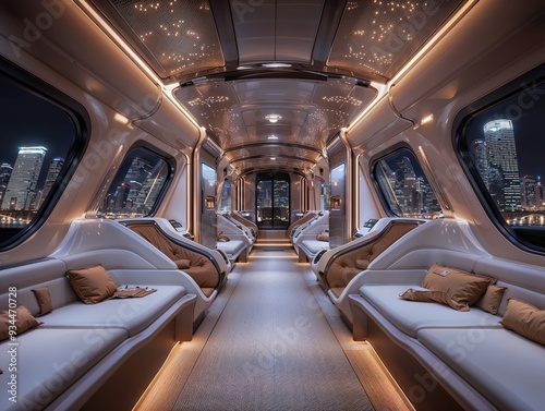 Luxurious Modern Train Interior at Night with Cityscape View