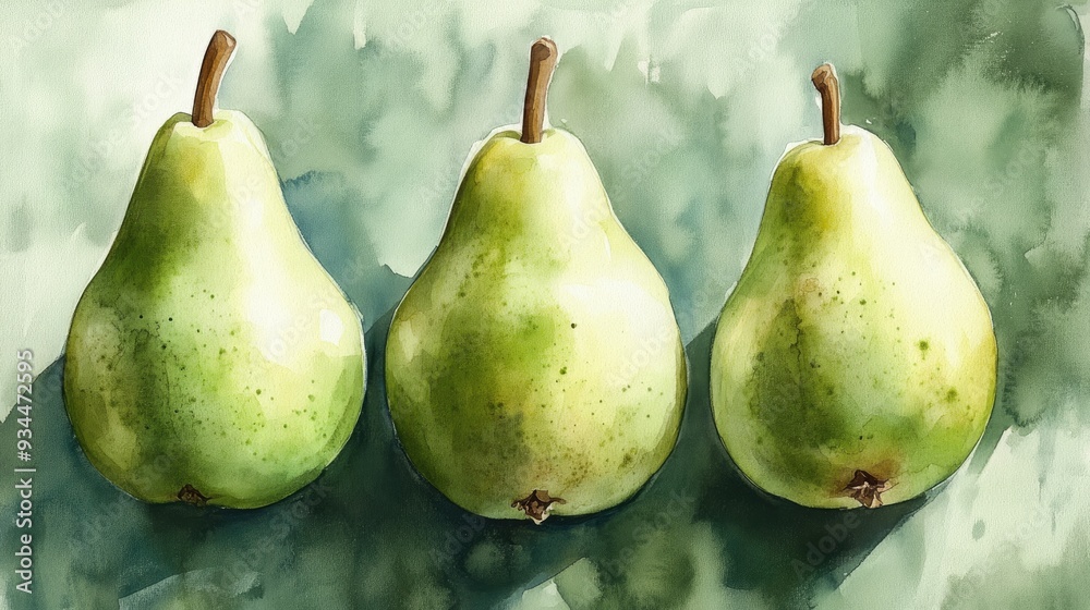 Watercolor illustration featuring three green pears Watercolor illustration featuring three green pears