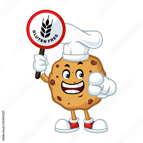 Cute cartoon gluten free cookie mascot wearing chef hat and holding a sign.