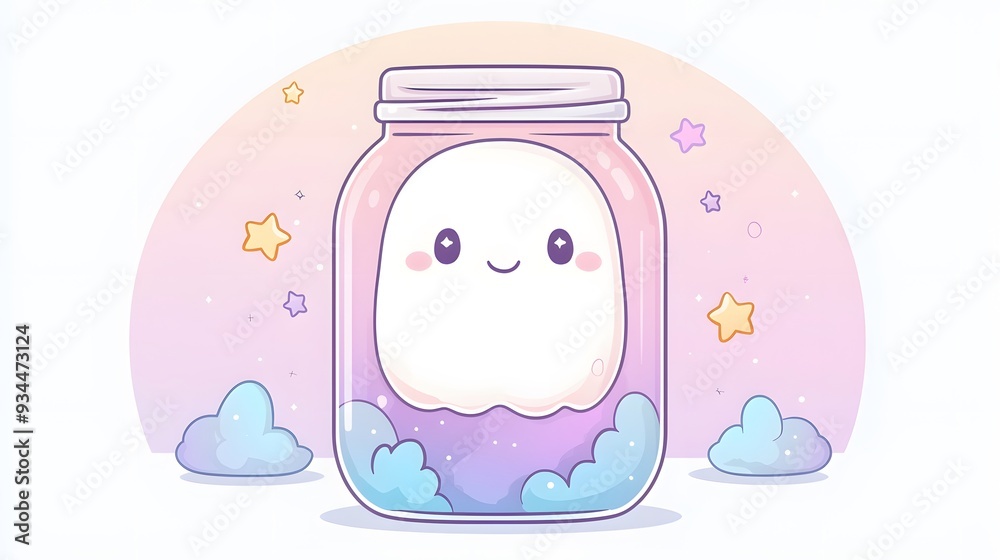Obraz premium Cute Ghost in a Jar with Stars and Clouds.