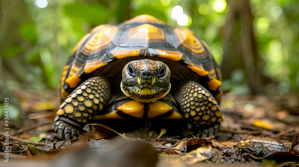 Obraz premium Amazon Tortoise walking through the forest floor, its shell pattern distinct