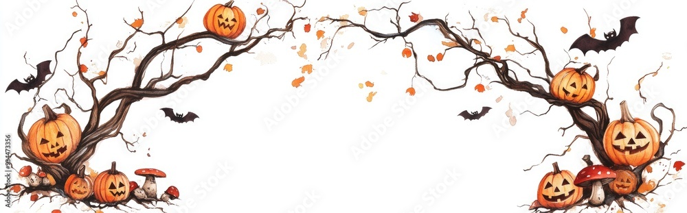 Watercolor illustration of a hand drawn Halloween frame showcasing twisted branches in a wreath design adorned with jack o lanterns bats and mushrooms at the base Perfect for seasonal decor invita Watercolor illustration of a hand drawn Halloween frame showcasing twisted branches in a wreath design adorned with jack o lanterns bats and mushrooms at the base Perfect for seasonal decor invita