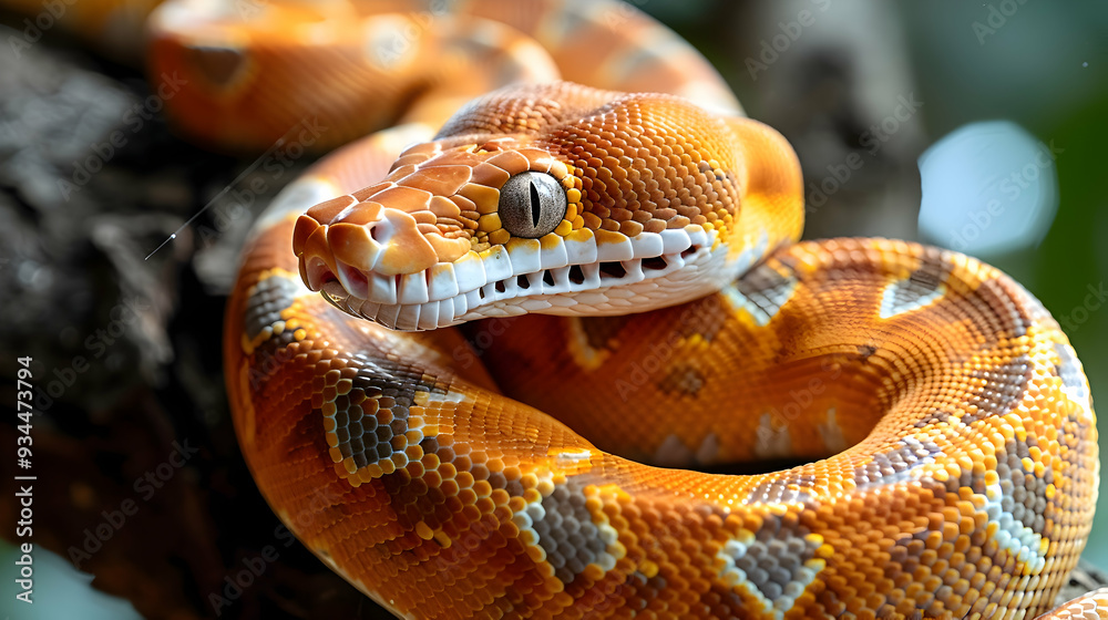 Fototapeta premium Amazon Tree Boa coiled around a tree branch, its scales glistening in the light
