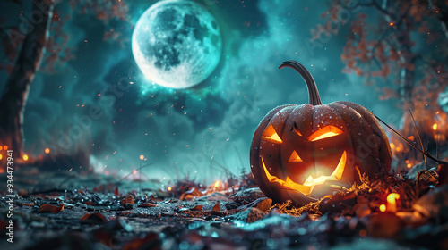 halloween night pumpkin with moon in background