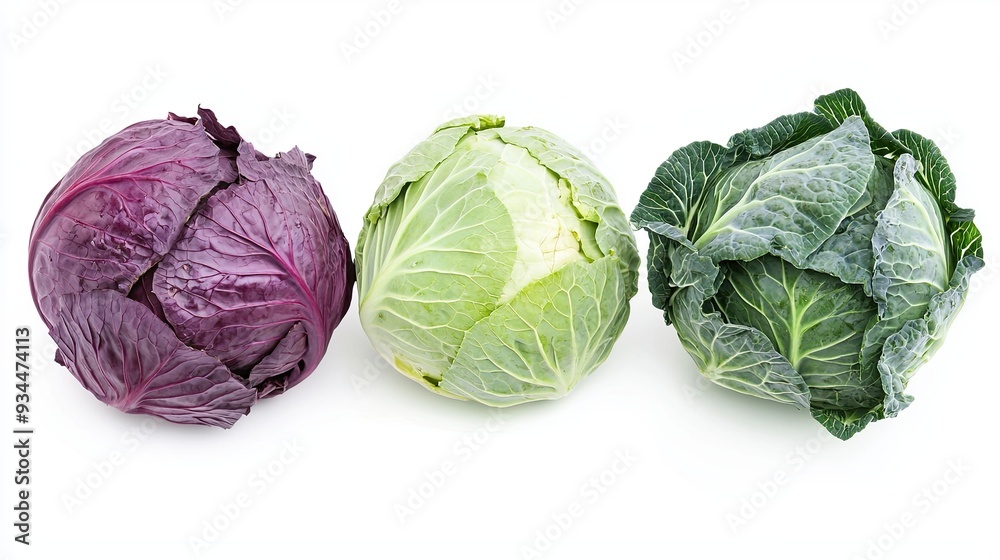Obraz premium Three Varieties of Cabbage Displayed White Background Showcasing Their Distinct Colors and Textures
