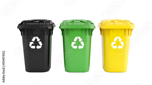 Collection of three recycling bins in different colors (black, green and yellow) isolated on a white background