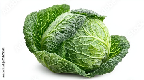 Fresh Green Cabbage Isolated on a White Background Showcasing Its Vibrant Color and Textured Leaves