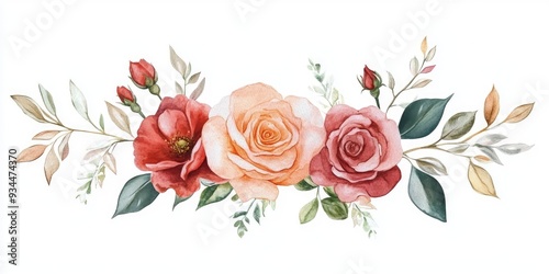 Watercolor floral design featuring roses botanical artwork print card isolated element