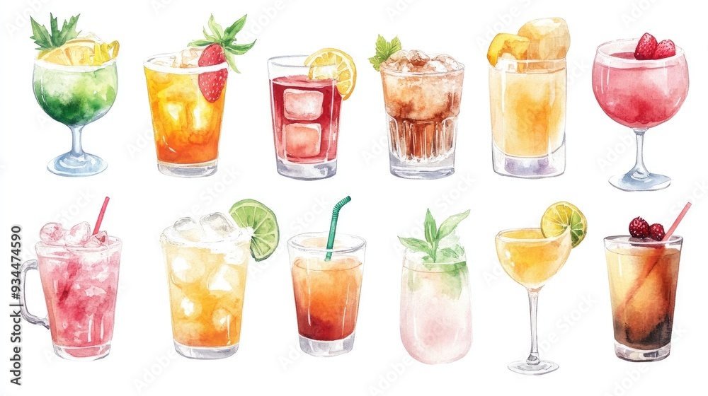 Watercolor illustration collection of various delicious beverages Watercolor illustration collection of various delicious beverages