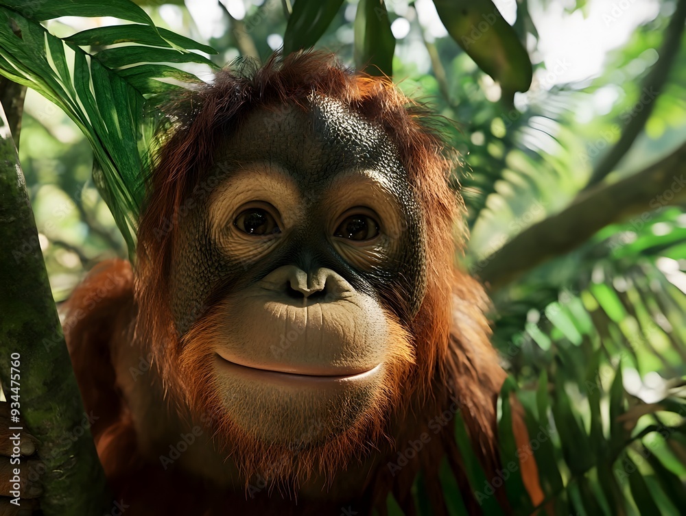 Obraz premium Serene Virtual Reality of Endangered Orangutan Habitat in Lush Rainforest Ecosystem