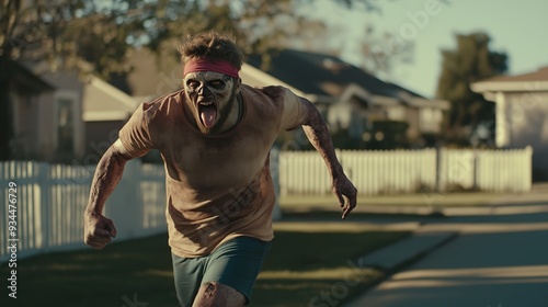 Scary zombie with blood and exposed flesh is running down a neighborhood street. He is wearing a brown shirt and blue shorts and looks very scary photo