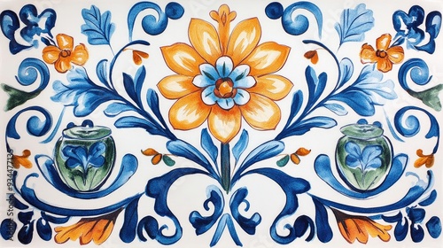 Watercolor illustration of a majolica tile featuring floral and leaf embroidery Mediterranean inspired porcelain pottery with ceramic dishes in folk print style Elements reminiscent of Talavera azu