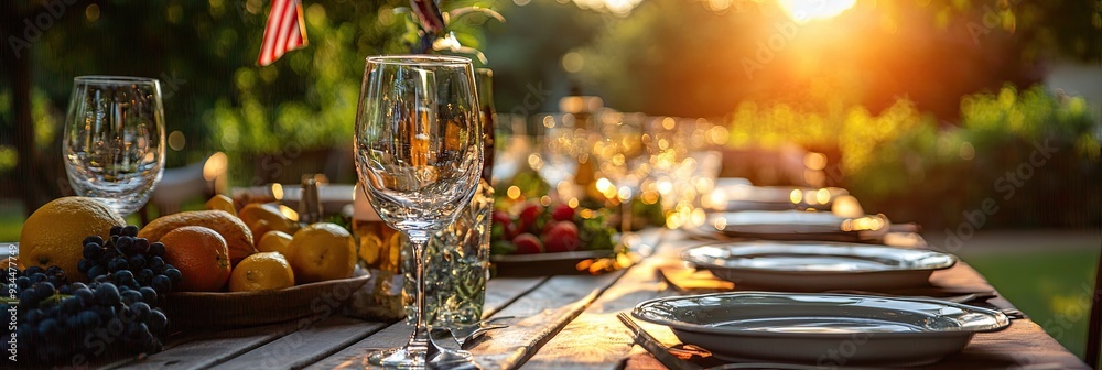 Labor Day Outdoor Dining Table Set With US Flags, Fresh Fruit, and Evening Sunlight Creating Festive Labor Day Outdoor Dining Table Set With US Flags, Fresh Fruit, and Evening Sunlight Creating Festive