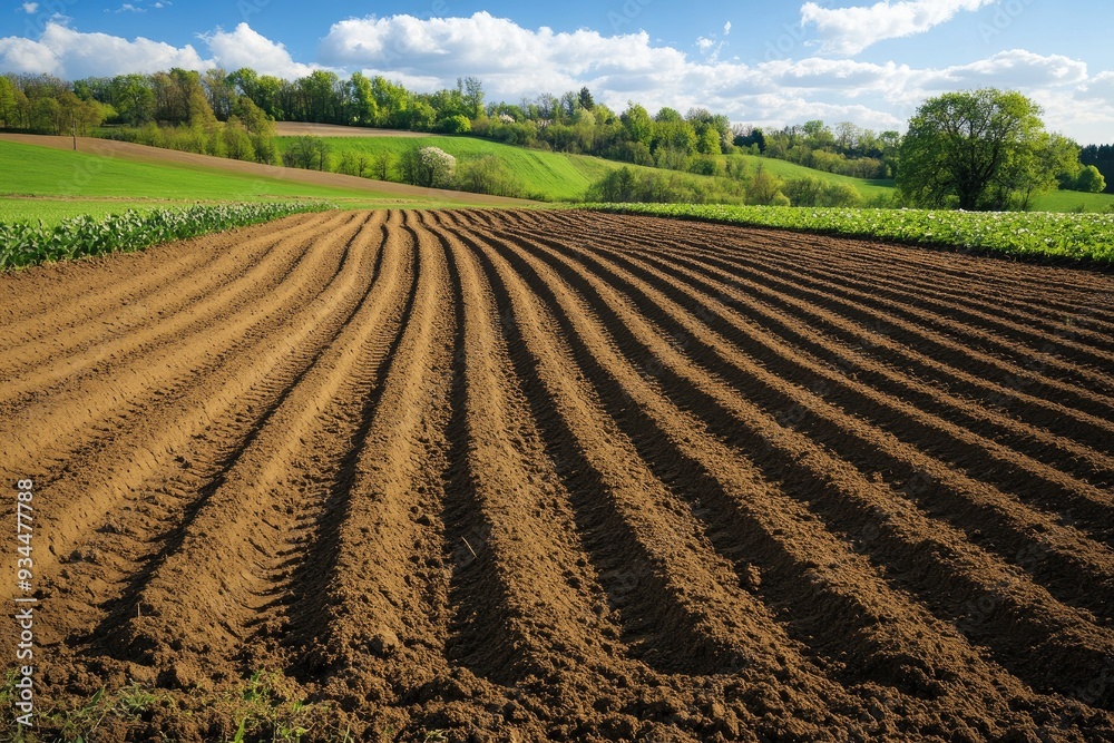 A plowed field with rows of soil. This photo is perfect for illustrating agriculture, farming, and spring planting. A plowed field with rows of soil. This photo is perfect for illustrating agriculture, farming, and spring planting.