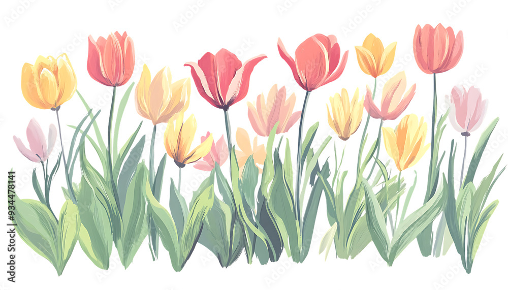 A vibrant cluster of tulips in various shades of pink, yellow and orange. The tulips are arranged in a garden setting with lush green leaves. A vibrant cluster of tulips in various shades of pink, yellow and orange. The tulips are arranged in a garden setting with lush green leaves.