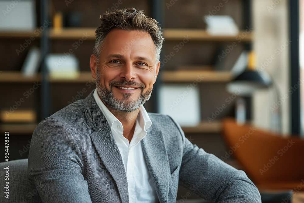 Obraz premium office, happy, portrait of a businessman in his 40s, looking at the camera, random clothes. modern style