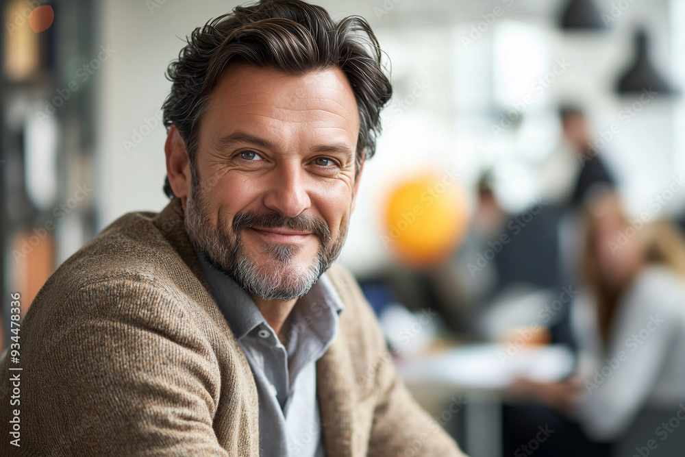 office, happy, portrait of a businessman in his 40s, looking at the camera, random clothes. modern style office, happy, portrait of a businessman in his 40s, looking at the camera, random clothes. modern style