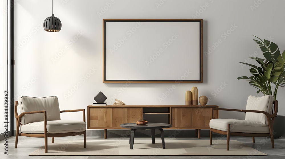 Obraz premium A wooden frame encapsulates a minimalistic cinema poster in a contemporary room setting AI generated illustration