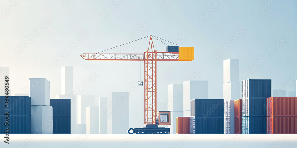 Construction Site with Tower Crane and Stacked Cargo Containers in Modern Urban Setting Construction Site with Tower Crane and Stacked Cargo Containers in Modern Urban Setting
