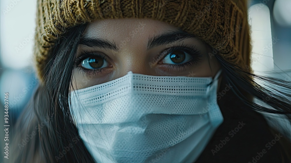 Mask-clad Individual Battles Against the Flu Virus in a Bustling Urban Environment