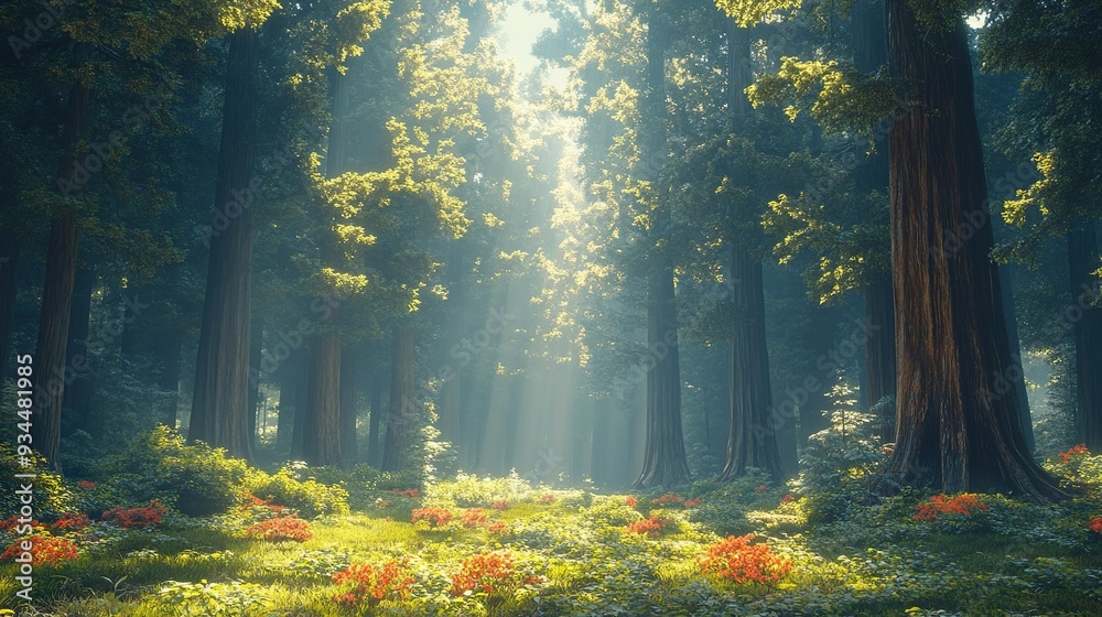 Fototapeta premium Magical Forest Scene with Towering Redwoods and Soft Mist Wallpaper