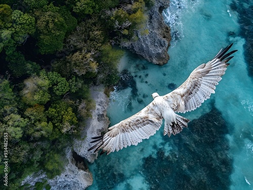 Drone Captures Soaring Eagle Over Pristine Wilderness Landscape photo