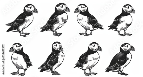 Puffin set illustration ink Thunderbird sketch. Wild bird background Stormy petrel modern art picture. Vintage engrave isolated puffin set illustration ink Thunderbird sketch. photo